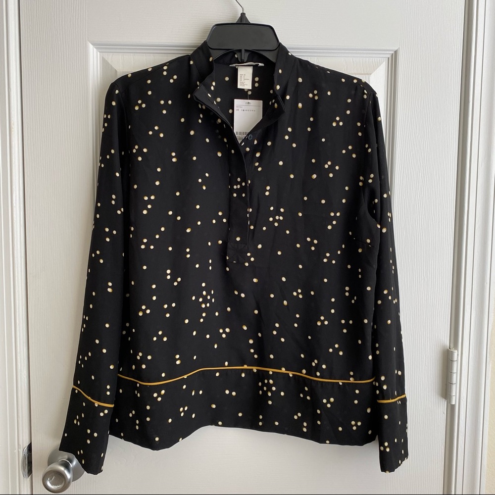 H&M New Women’s Long Sleeve Shirt Black w/ Gold Polka Dot Size-4